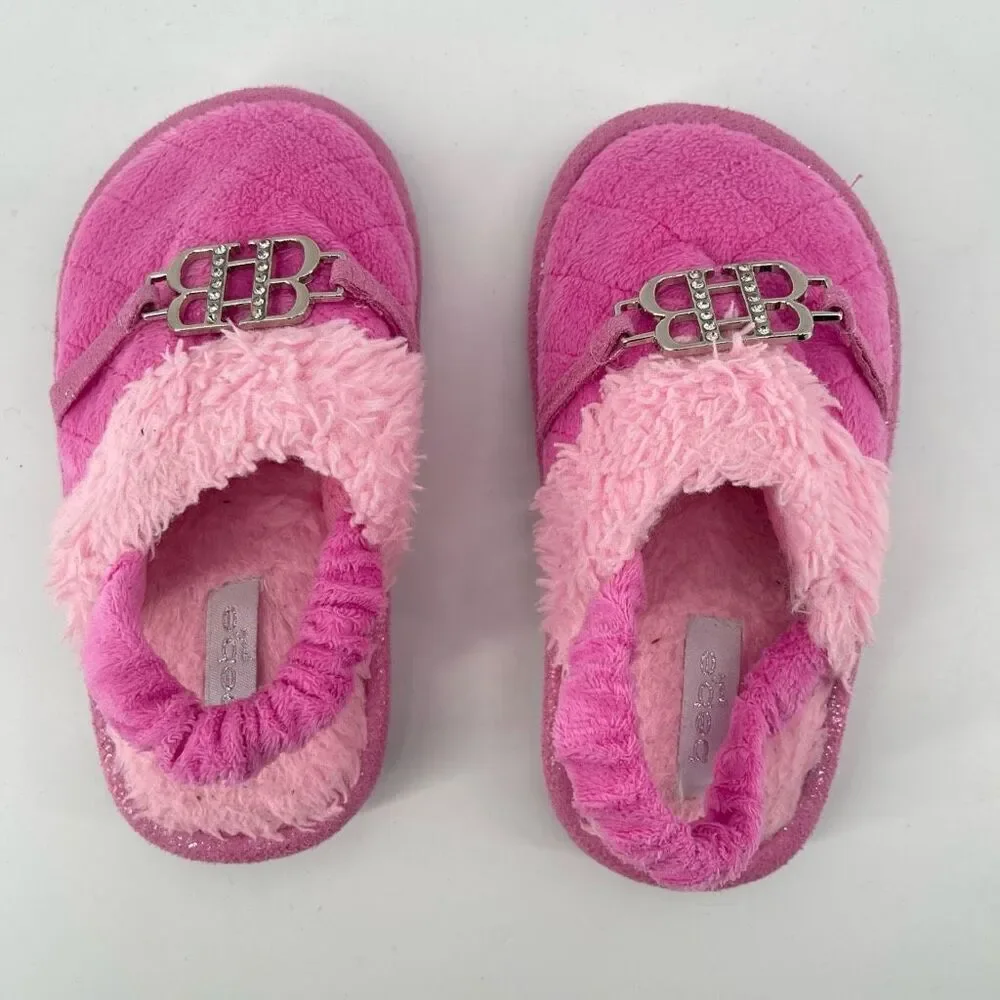 Bebe Girls Pink Plush Faux Fur Slingback Slippers Size 9/10 Cozy Fuzzy Shoes